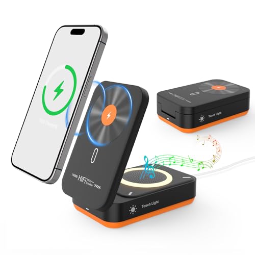 Cargador Inalámbrico,Estacion de Carga con iPhone,Altavoz Bluetooth,Iluminación 3 Niveles,Soporte de Teléfono Plegable,Cargador Carga rapida con iPhone 17/16/15/14/13/12 Pro MAX