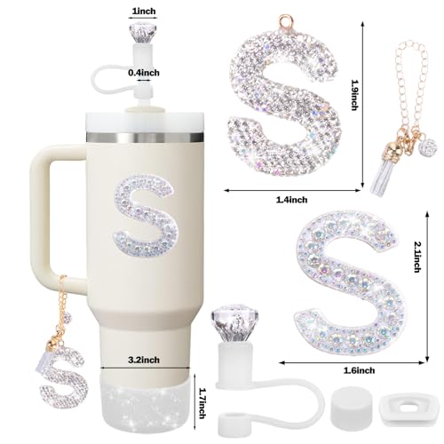 Mity rain Accessories Set for Stanley Cup, Initials Decorations for Tumbler Cup 30/40OZ, Including Diamond Straw Topper/Spill Proof Stopper/Sparkly Silicone Boot Set/Letter Charms for Handle A-Z (S)