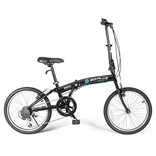 Goplus 20'' Folding Bike, 7 Speed Shimano Gears, Lightweight Iron Frame, Foldable Compact Bicycle with Anti-Skid and Wear-Resistant Tire for Adults (Curved Crossbar)