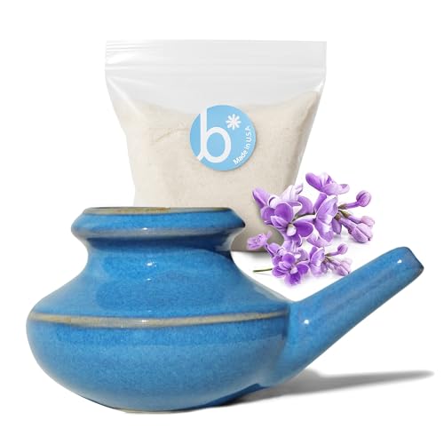 Baraka USA Ceramic Neti Pot w/ 2oz Mineral Sea Salt – Saline Nasal Rinse for Seasonal Congestion, Nasal Flush for Sinus Relief, Dishwasher Safe, Lightweight & Easy to Use - No Box Starter Kit (Blue)