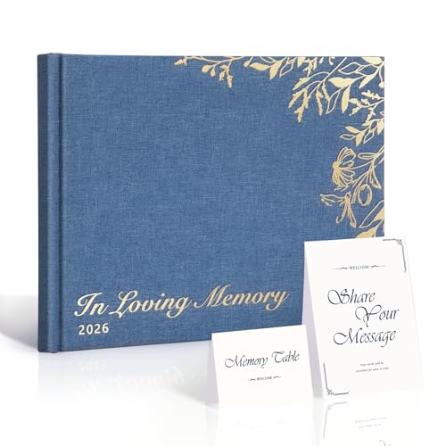 Image of Funeral Guest Book for Celebration of Life, Blank Unlined Memorial Memory Book, 2026 Blue Linen Gold Foil Hardcover with Table Sign & Welcome Card, 8.66 x 6.69 in, 120 Pages / 60 Sheets