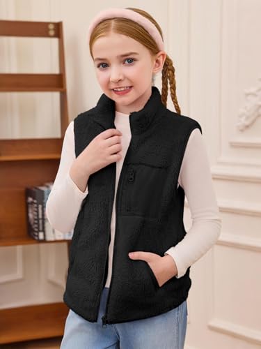 Haloumoning Girls Sherpa Fleece Vest Kids Fall Winter Full Zip Fuzzy Outerwear Jacket with Pockets 5-14Y4