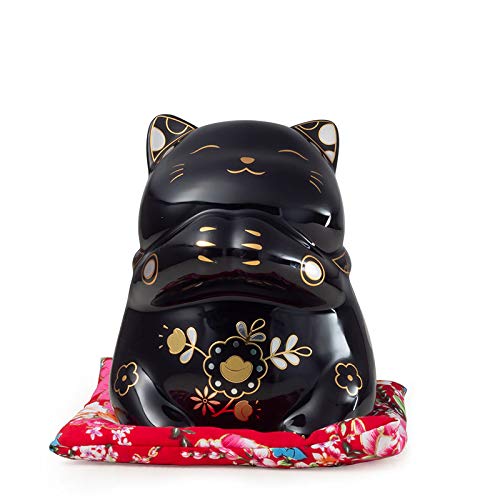 Gvuha Chinese Feng Shui White Ceramic Lucky Cat Figure Maneki Neko Fortune Cat Money Box Lucky Charm Piggy Bank Small 12x12x14CM(4.72x4.72x5.51Inch),Black,S