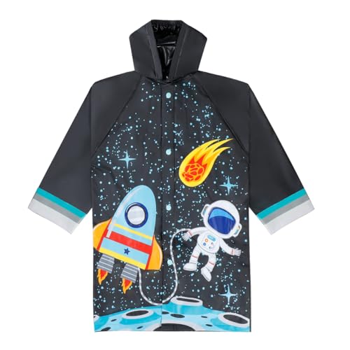 Puddle Play Kids Waterproof Rain Slicker Jacket, Space Rocket & Astronaut Design, Hooded with Snap Closure, Size 8-9 years