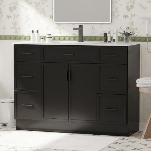 Image of 48 Inch Bathroom Vanity with Sink and Countertop, Modern Farmhouse Bathroom Vanity Cabinet with Soft Close Doors & 6 Drawers, Freestanding Single Sink Bathroom Storage Cabinet, Black