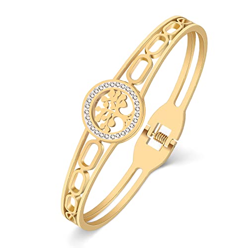 Bracelet jonc Arbre de vie DOWAY en acier inoxydable plaqué or pour femme