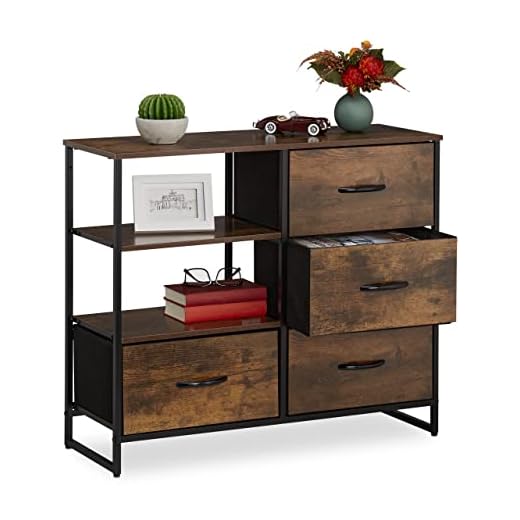 Relaxdays Cómoda 4 Cajones 2 Baldas, Tela, Metal, Efecto Madera, Estilo Industrial, Marrón y Negro, 71,5 x 84 x 32,5 cm Aprox