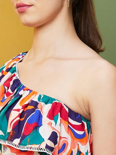 Image of Globus Women Multi Printed Party One Shoulder Fit and Flare Dress-3640256001