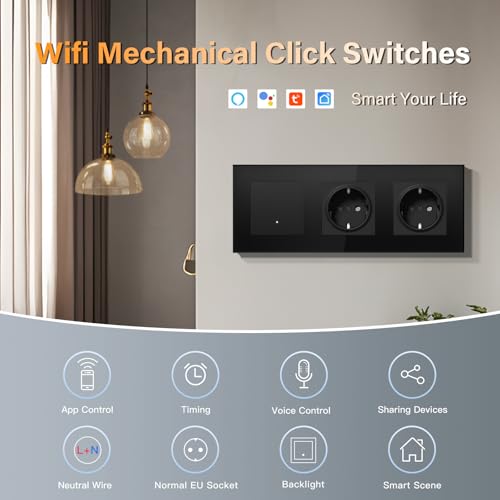 BSEED Doppelt Steckdose mit Lichtschalter Unterputz 1 Fach 1 Weg WIFI Smart Lichtschalter (Neutralleiter Erforderlich), Compatibel mit Alexa/Google Home，228mm，Schwarz