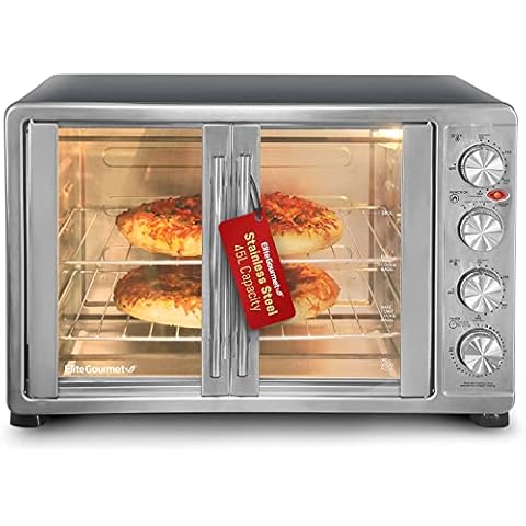 Elite Gourmet ETO4510B# French Door 47.5Qt,18-Slice Convection Oven 4-Control Knobs,Bake Broil Toast Rotisserie Keep Warm,Includes 2 x 14" Pizza Racks,Stainless Steel,Stainless Steel and Dark Gray Cover