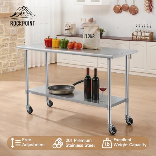 Image of ROCKPOINT All Stainless Steel Prep Table with Caster 24x60 Inch, Commercial Heavy Duty Workbench with Stainless Legs & Adjustable Undershelf, 850 lb Capacity for Outdoor Kitchens with Wheel
