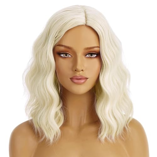 Image of BERON Blonde Wigs for Womens Short Curly Wavy Wig Girls Platinum Blonde Side Part Wigs Shoulder Length Heat Resistant Synthetic Cosplay Party or Daily Use Wig