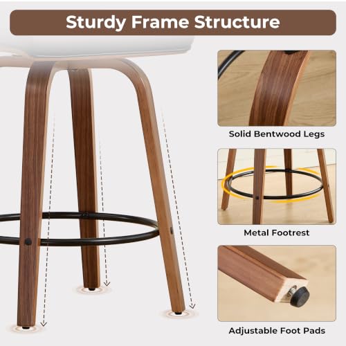 Image of Swivel Bar Stools Set of 5,26 inch Faux Leather Counter Height Barstools with Back,Mid Century Modern Upholstered Bar Chairs with Bentwood Legs Island Stools for Kitchen Counter Black