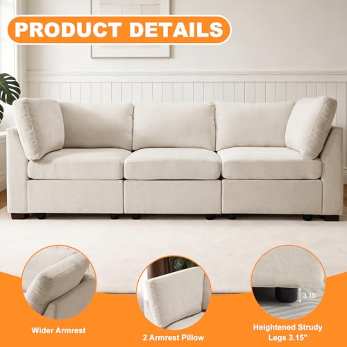 Image of TEKAMON 94 inch Modern Sofa Modular Sectional Couch, 3-Seat Chenille Deep Seat Sofa for Living Room, Bedroom and Apartment, Beige