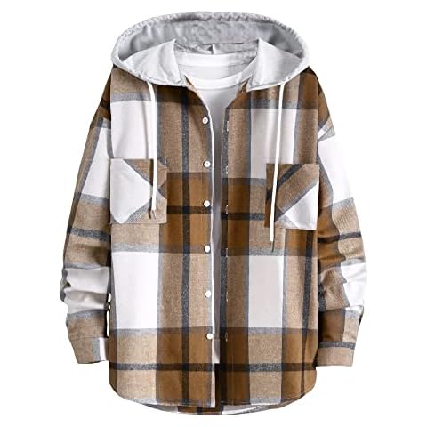 DIDK Men's Drawstring Hoodie Shirt Jacket Plaid Print Button Down Long Sleeve Causal Shirt Tops with Pockets Brown and White M Cover