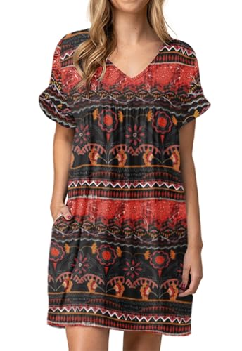 Image of Jayscreate Women's Baby Doll Dress Summer Casual Tunic Pleated Flowy Swing Short Sleeve Black V Neck Mini Dress