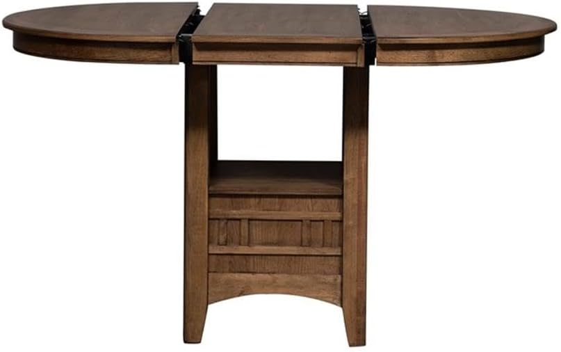 Pemberly Row Transitional Wood Pub Table, Oak Finish, 36''Hx42''Wx60''D, Includes 18-Inch Leaf, Mission Style with Storage Base, Expandable Dining Table for Kitchen or Small Dining Room