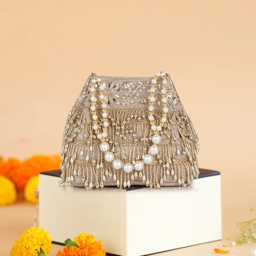 Image of Nevis PU Silk Women's Pearl & Bead Embellished Potli Bag with Beaded Handle | Designe Wedding & Festive Handbag
