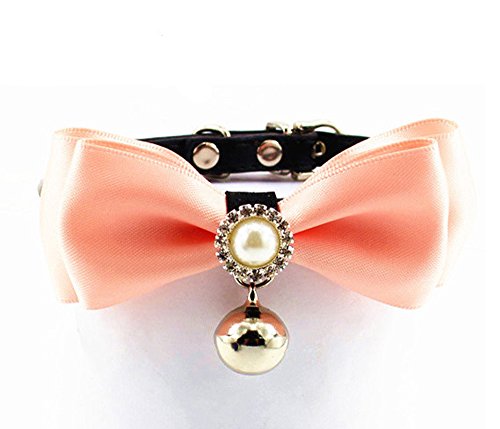 Evursua Cats pet Collar with Bell Big Pearl Kitten Small Dog Collars with Satin Bow (Pink, XS)