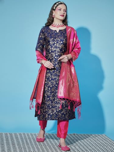 Image of VredeVogel Women's Cotton Silk Jacquard Kurta Pant Set with Banarasi Woven Self Designed Dupatta