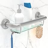 AquaChase Barra de agarre compatible con ADA con estante de vidrio para pared de ducha y bañeras, níquel cepillado