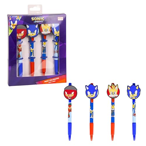 Sonic Stift 3er-Pack – Blaue Kugelschreiber Mit Charakter-Toppern (Sonic, Tails, Knuckles) & Gummigriff, Offizielles Merchandise