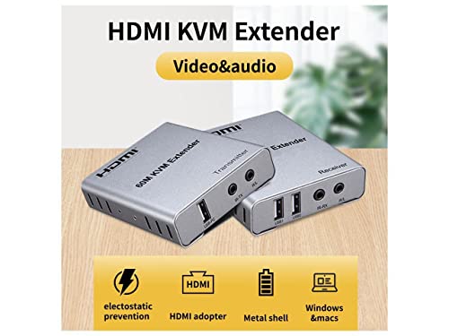 Image of 60M USB KVM HDMI Extender, with 1080P R /L Audio by CAT5E Cat6 RJ45 Ethernet Cable Transmitter Receiver Audio Video Converter PC Laptop to TV Monitor