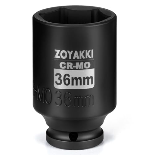 ZOYAKKI 1/2 Drive x 36 mm Deep 6 PT Impact Socket CR-MO 1/2-inch Drive 6 Point Axle Nut Socket for Easy Removal of Axle Shaft Nuts (Metric 36MM)