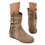 ▶Flecos + decoración de perlas: Botas vaqueras retro occidentales for mujer, botines de otoño e invierno, botines de tacón de bloque, botines de fiesta, botines de motociclista, botas de nieve cálidas, tacones de cuero PU