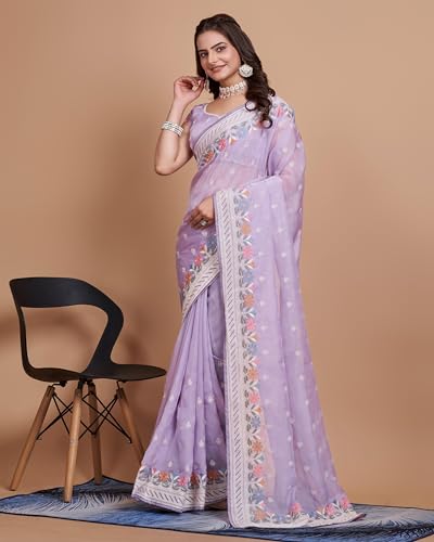 Image of VAIRAGEE Women Soft Organza Embroidery Traditional Flower Pattern Beautiful saree with unstitched blouse piece (6159)