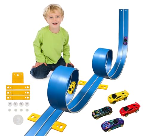 15 Ft Flexible Race Car Track (Daytona Blue) for Kids,Flex Track Starter Set Compatible with Hot Wheels and Diecast 1/64th Cars,Portable Racetrack Roll Up Race Track with 4 Racecars and Suction Cups