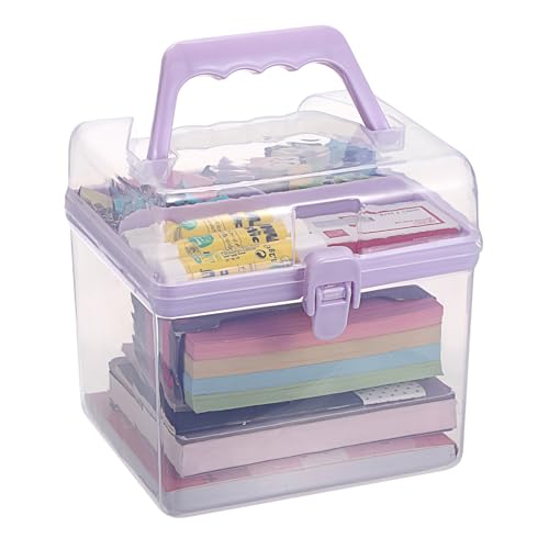BTSKY Multipurpose Plastic Craft Storage Containers with Removable Tray, Clear Plastic Storage Box with Lid & Handle, Easy Carry & Stack Small Storage Container, 6.3x5.6x6.3 Inch, Square-Purple
