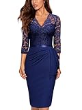MIUSOL Women's Vintage Lace V-Neck 3/4 Sleeves Cocktail Party Formal Wedding Guest Work Bodycon Dress (Medium, Navy Blue)