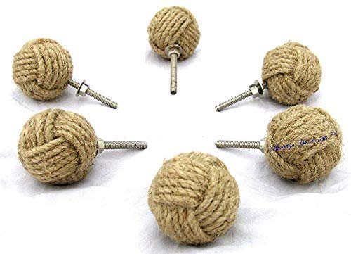 Keramik-Jute-Schubladenknäufe, Schrank, Schrank, Schrank, Seilknauf, Set mit sechs runden Jute-Schubladengriffen, Maße: 6,5 x 4 x 4 cm.