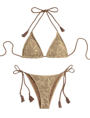 Image of ZAFUL 2 Piece Triangle Bikini for Women Knitted Rope Halter Bikini Sets Sexy Bathing Suit Side Tie Swimsuits Beachwear