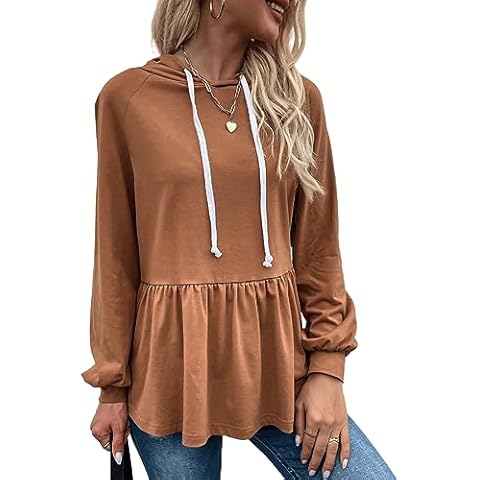 YOXUA Womens Casual Hoodies Peplum Tops, Long Sleeve Lightweight Drawstring Sweatshirt Jacket Pullover Shirts Blouse Coffee Cover