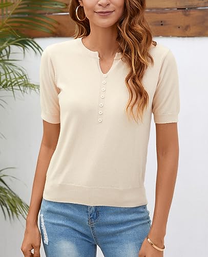 Image of Women Summer Knit Shirt Blouse V Neck Short Sleeve Pullover Sweater Tops