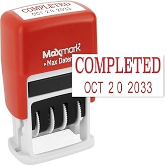 MaxMark Self-Inking Rubber Date Office Stamp with COMPLETED Phrase & Date - RED INK (Max Dater II), 12-Year Band