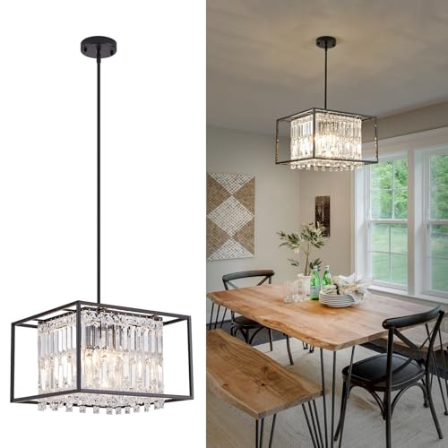 Feohak Modern 4-Light Dining Room Chandelier,Farmhouse Black Metal Chandelier,Crystal Square Industrial Pendant Light Fixture for Kitchen Island Living Room Foyer Hallway Entryway 15.75