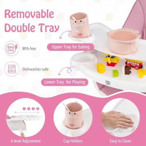 Image of BABY JOY Baby High Chair, Wooden High Chair for Babies & Toddlers with Dishwasher Safe Double Removable Tray, Infant Feeding Chair with 5-Point Safety Harness & Detachable PU Seat Cushion (Pink)
