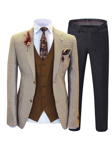 Men Party Tuxedo Jacket Vest & Pant 3 Pieces Houndstooth Dogstooth Retro Plaid Check Notch Lapel Blazer Prom Suits3