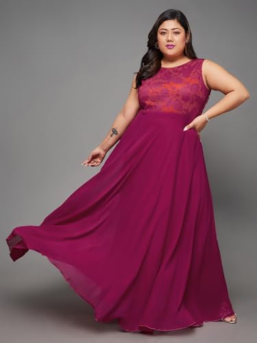 Image of Miss Chase A+ Women's Round Neck Sleeveless Georgette Floral Lace Fit & Flare Maxi Dress