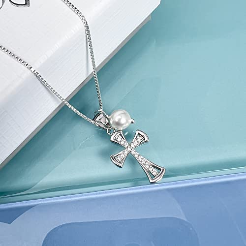 Sterling Silver Cross Necklace For Girls, First Communion Gift Necklace For Daughter, Silver Cross Necklace With Crystal Pearl #TOP3