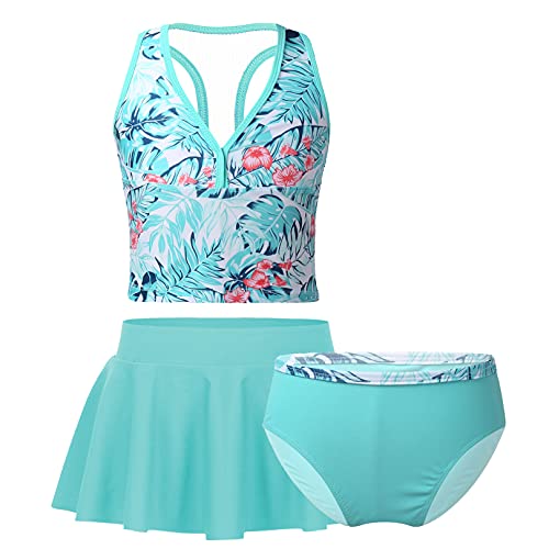 3PCS Kids Girls Tankini Digital Printed Swimsuit Swimwear Beach Wear Swim Tops with Bottoms Skirt Set