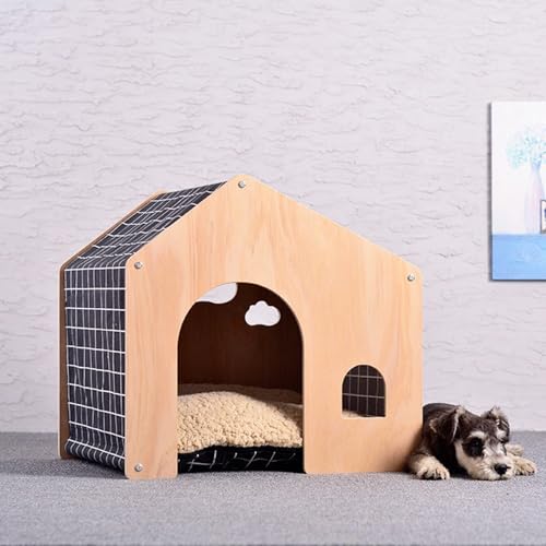 Rosoy 犬 天然木 ペットドーム クッション付き 木製ゲージ 木製ペットハウス 頑丈 ペットヴィラ ウッド ナチュラル インテリア ペットハウス ベッド 家の造型 通気性 猫 快適 半密閉式 多機能 通年 52*47*50cm (52*47*50cm,