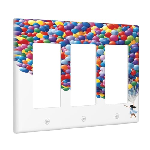 Decorative Outlet Covers Girl Holding Colorful Balloons 3 Gang Wall Plate Triple Rocker Light Switch Cover Plate Jumbo Electrical GFCI Faceplate for Country Bedroom Home Decor