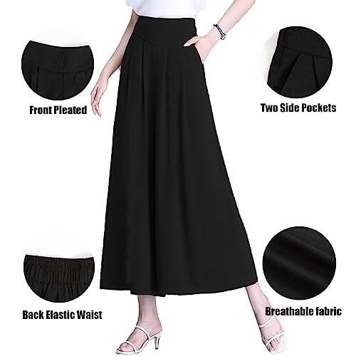 ThCreasa Womens Solid Back Elastic Waist Culottes Pants Cotton Linen Wide Leg Palazzo Cropped Trousers with Pockets4