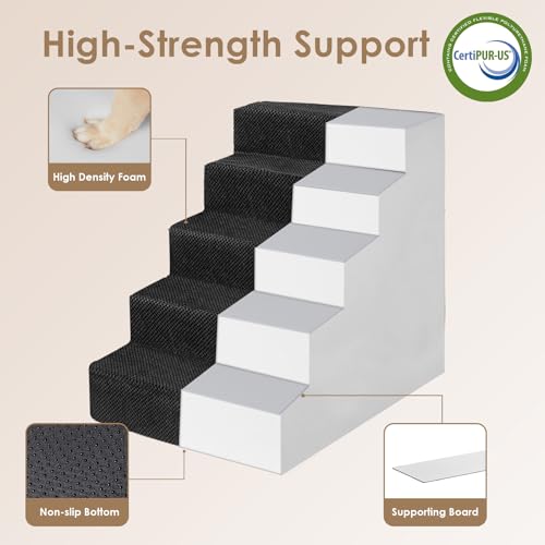 Image of EHEYCIGA Dog Stairs for High Bed 25 inch H, 5-Step Extra Wide Dog Steps for Bed, Pet Steps for Small Dogs and Cats, Non-Slip Balanced Pet Ramp Indoor, Black
