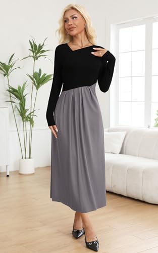 SAUKOLE Womens Maxi Dresses Casual Long Sleeve V Neck Empire Waist Dress Trendy Fall T Shirts Long Dress2