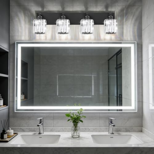 Image of Black Crystal Bathroom Vanity Light, 4-Light Modern Bathroom Lighting Fixtures Over Mirror, Matte Black Wall Sconce Light Fixtures with Round Shade